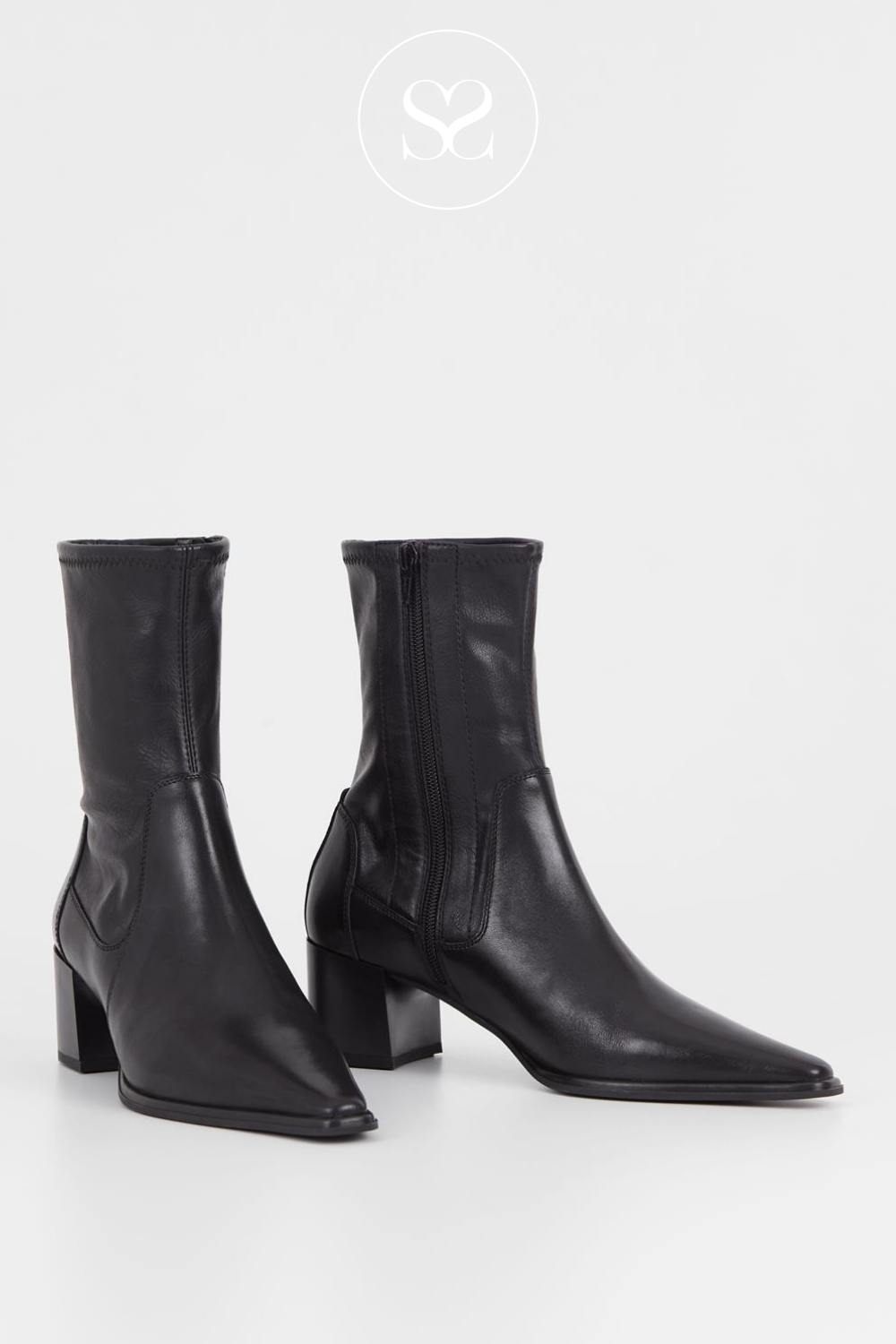 VAGABOND GISELLE 5654-202 BLACK LEATHER POINTED TOE BLOCK HEELED SOCK BOOTS WITH INSIDE ZIP.