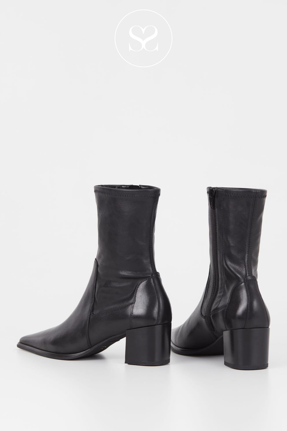 VAGABOND GISELLE 5654-202 BLACK LEATHER POINTED TOE BLOCK HEELED SOCK BOOTS WITH INSIDE ZIP.