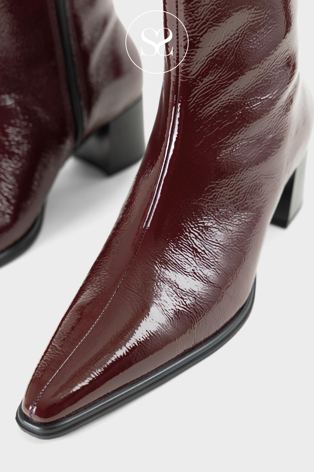 VAGABOND GISELLE 5854 WINE RED PATENT LEATHER POINTED TO BLOCK HEEL ANKLE BOOT WITH INSIDE ZIP.