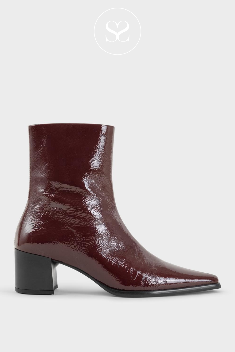 VAGABOND GISELLE 5854 WINE RED PATENT LEATHER POINTED TO BLOCK HEEL ANKLE BOOT WITH INSIDE ZIP.