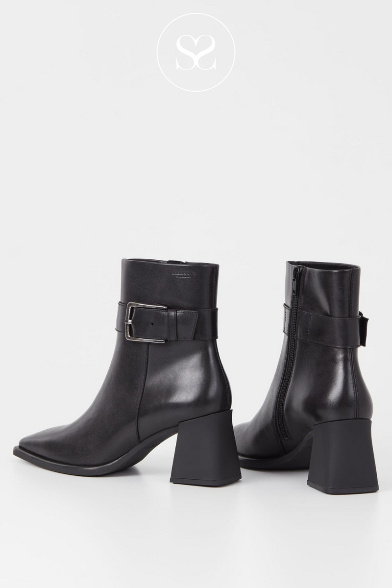 VAGABOND HEDDA BUCKLE BLACK LEATHER ANKLE BOOT WITH A SILVER ANKLE BUCKLE, INSIDE ZIP, SLIGHTLY SQUARED TOE AND A FLARED BLOCK HEEL. PERFECT FOR A CLASSIC LOOK. WORKWEAR.