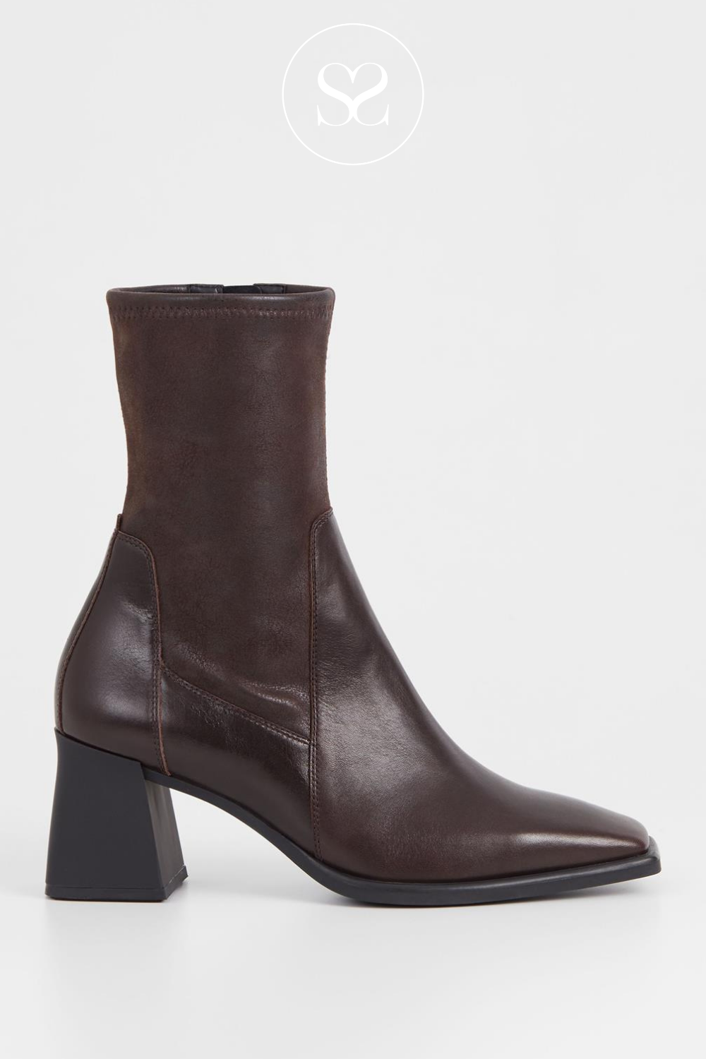 VAGABOND HEDDA 5602-302 DARK BROWN LEATHER SQUARE TOE BLOCK HEEL SOCK ANKLE BOOTS.