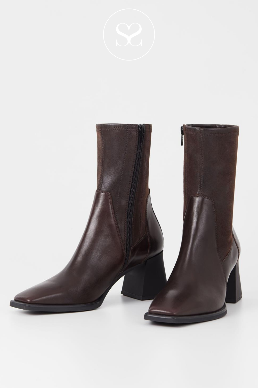 VAGABOND HEDDA 5602-302 DARK BROWN LEATHER SQUARE TOE BLOCK HEEL SOCK ANKLE BOOTS.