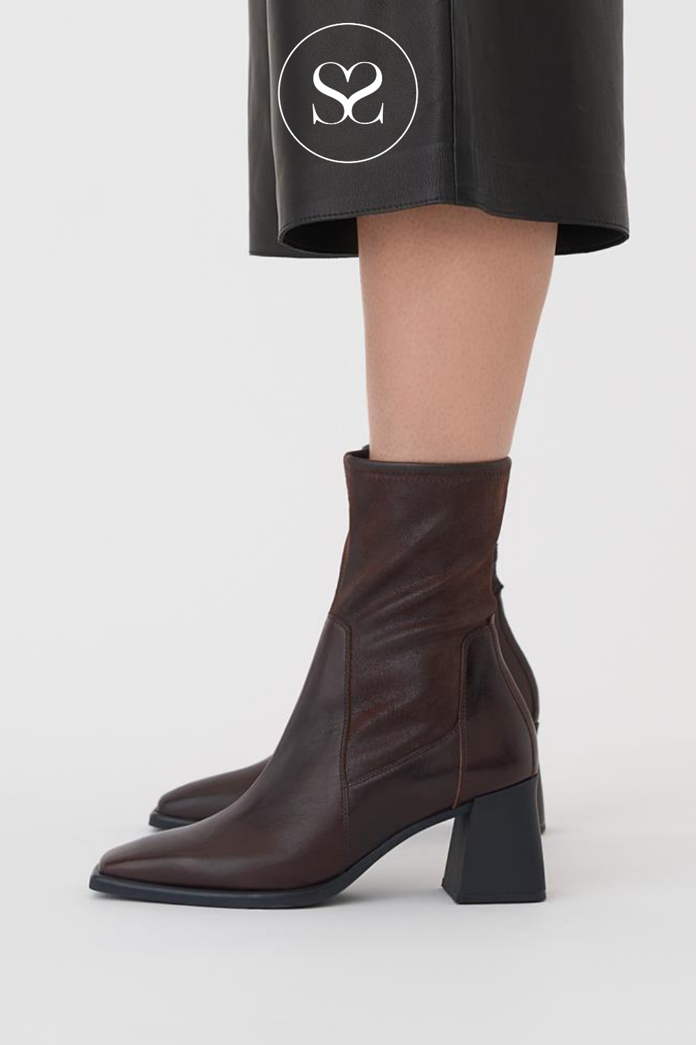 DARK BROWN LEATHER SQUARE TOE BLOCK HEEL SOCK ANKLE BOOTS.