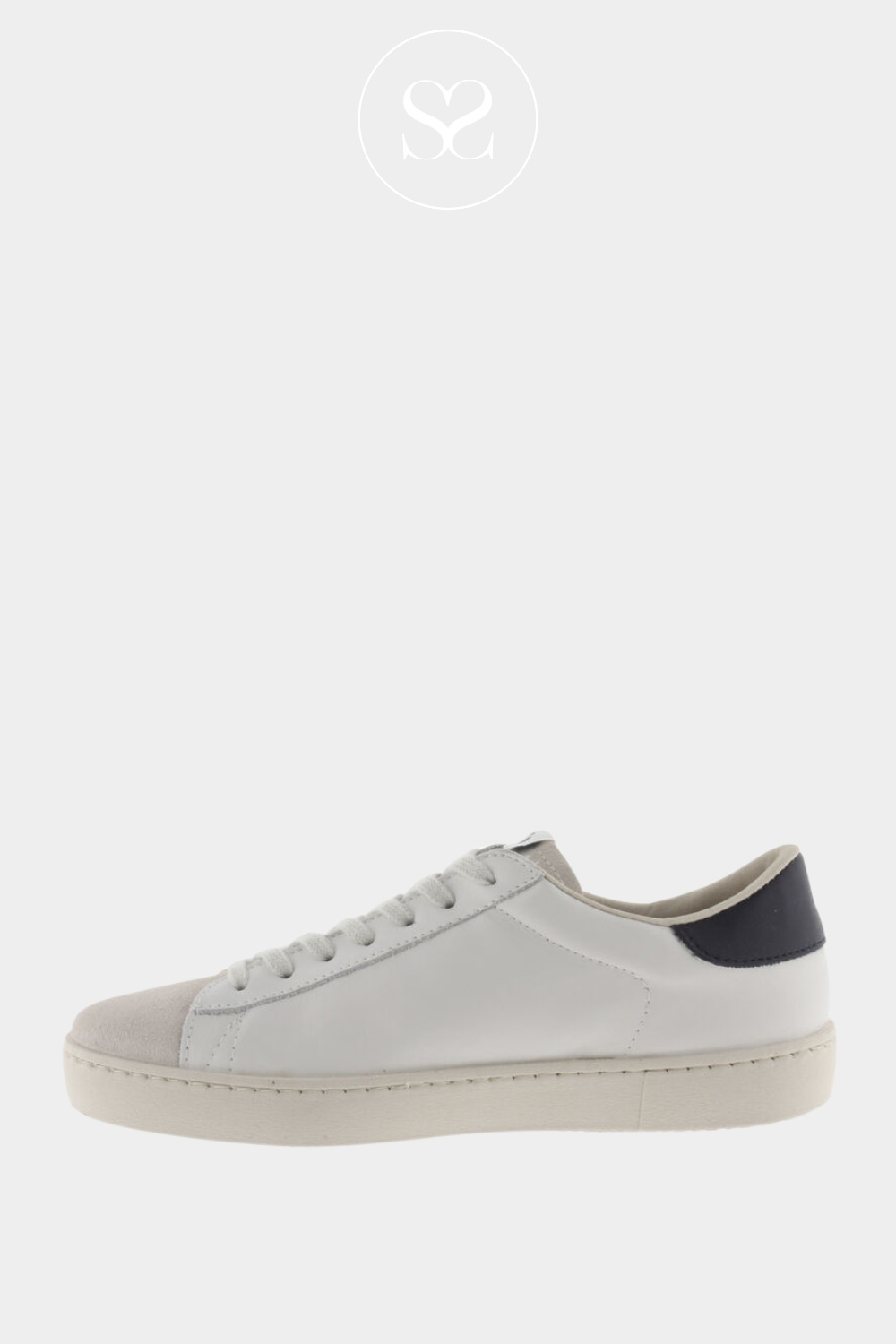 VICTORIA 126142 WHITE FLAT MINIMALISTIC TRAINER WITH NAVY V ON THE SIDE AND A SUEDE TOE