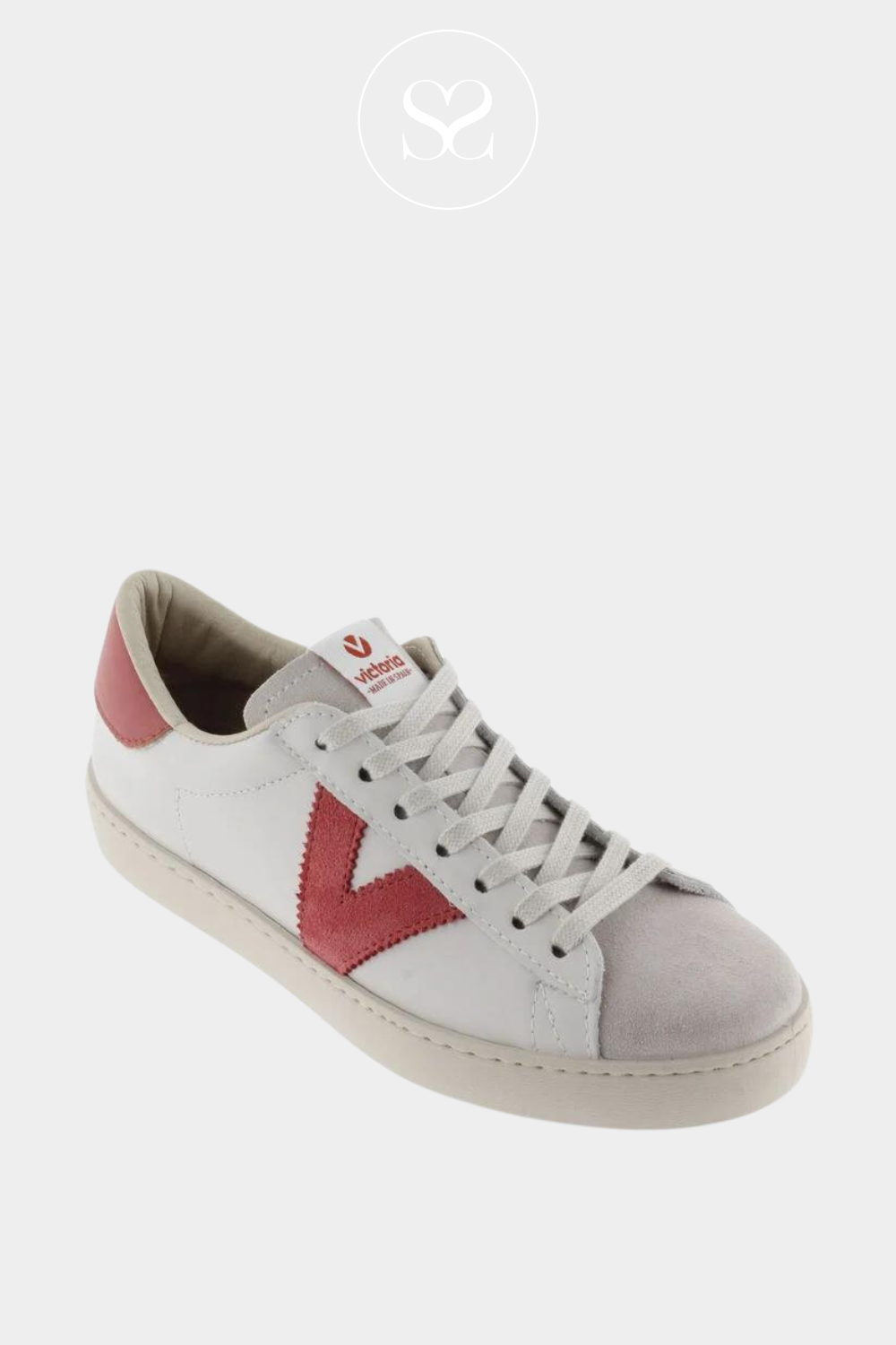 VICTORIA 1-126142 WHITE RASPBERRY TRAINERS WITH V LOGO, LACES AND SUEDE TOE