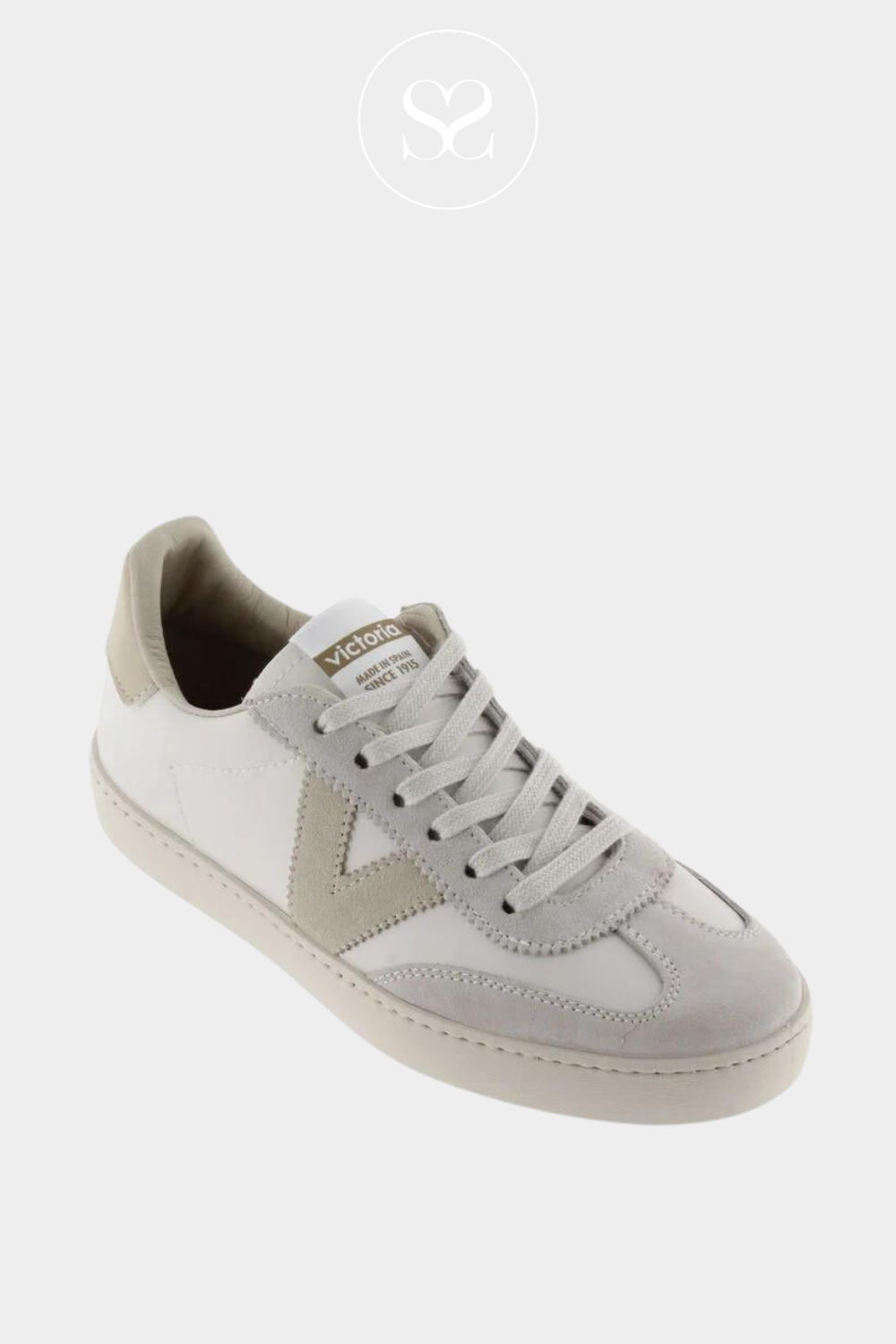 VICTORIA 1-126184 WHITE TAUPE TRAINERS WITH SUEDE TOE AND LACES