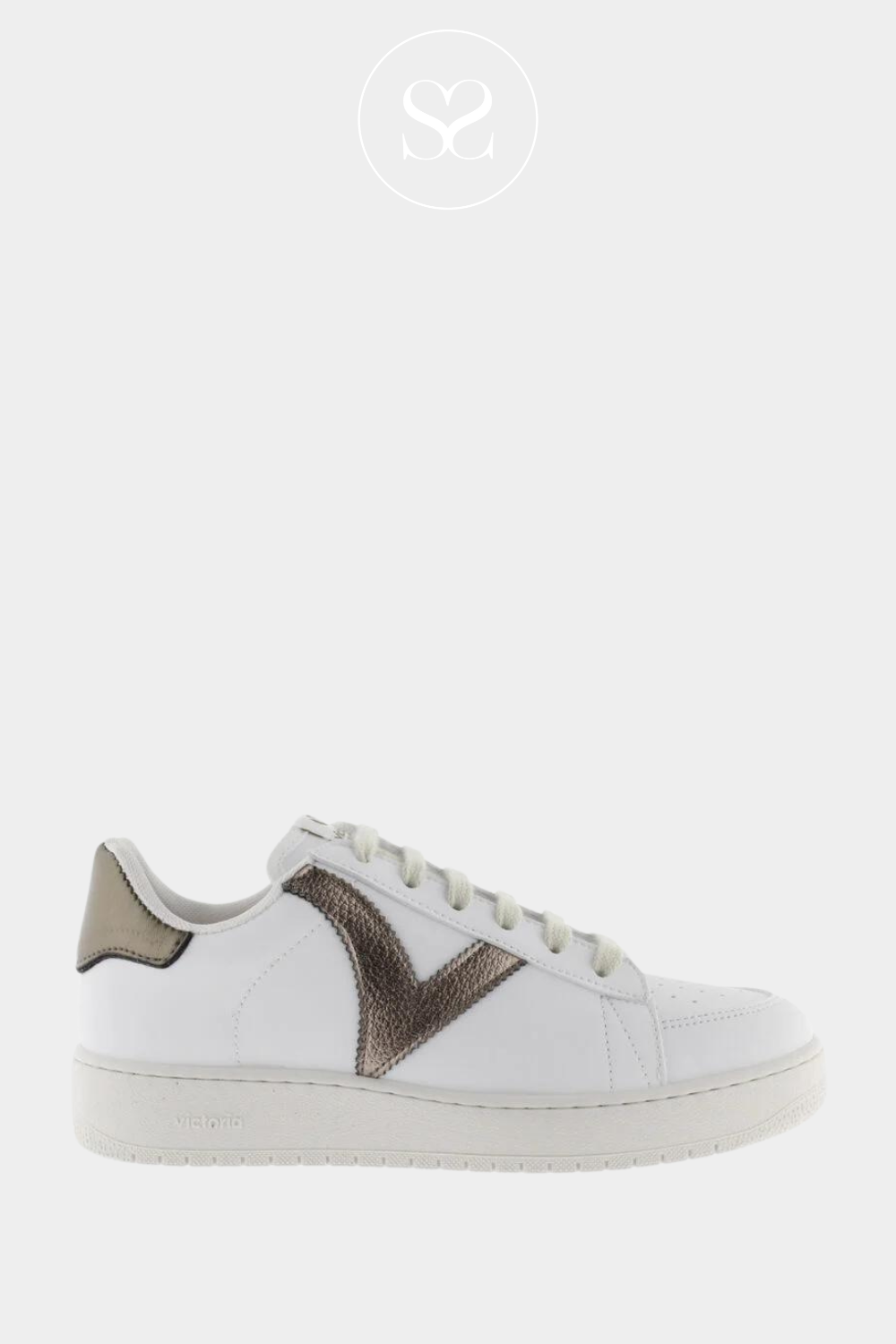 VICTORIA 1-258202 WHITE FLATFORM TRAINERS WITH BRONZE V LOGO, LACES AND PERFORATED BREATHABLE HOLES