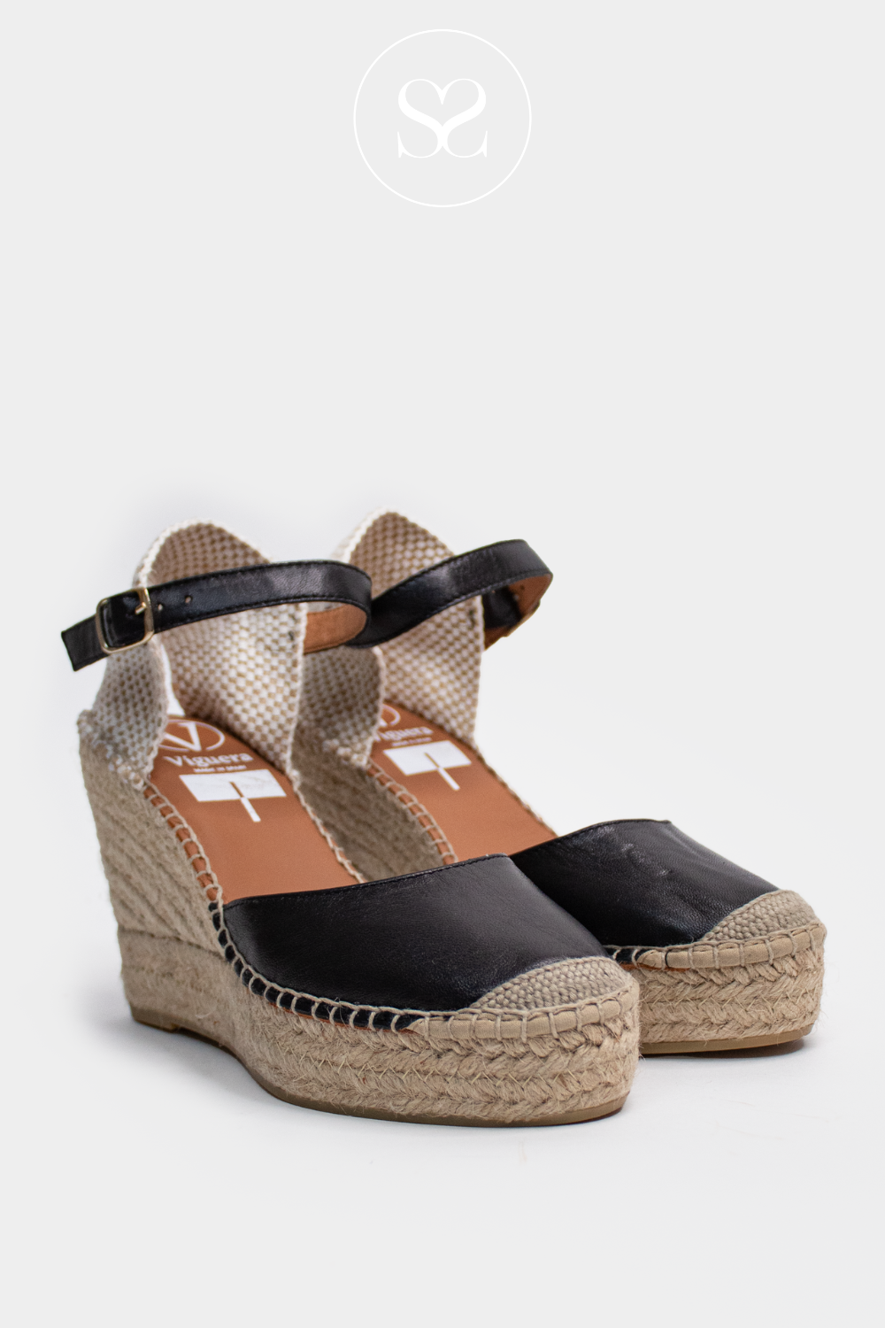 VIGUERA 1632 BLACK LEATHER ESPADRILLE WEDGE SANDALS WITH PLATFORM SOLE AND ANKLE STRAP