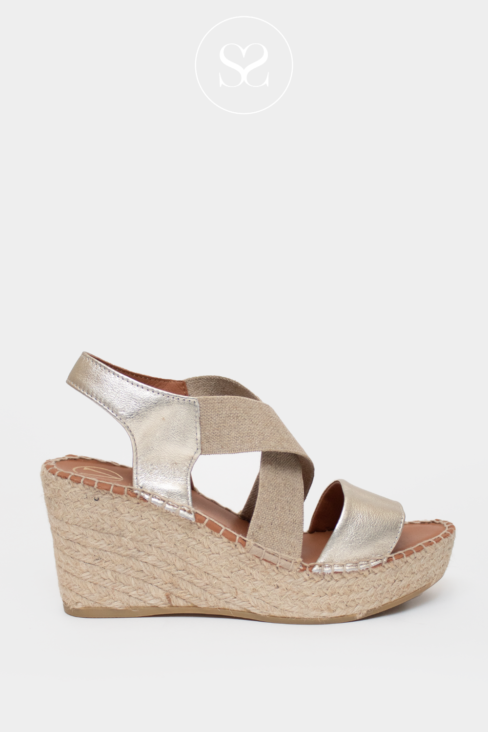 VIGUERA 1900 GOLD WEDGE ESPADRILLE SANDAL WITH ELASTICATED CROSS FRONT