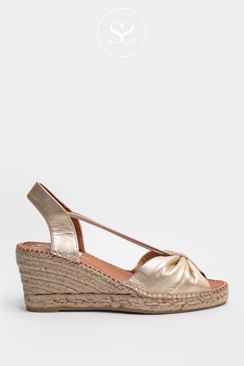 VIGUERA 1909 GOLD LEATHER ESPADRILLE WEDGE SANDALS WITH BOW FRONT AND ELASTICATED V-CUT STRAPS