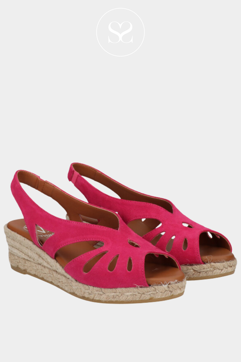VIGUERA 2123 PINK SUEDE LOW HEEL WEDGE SANDALS WITH ELASTICATED SLINGBACK STRAP AND CUT OUT DETAILING AND A PEEPTOE
