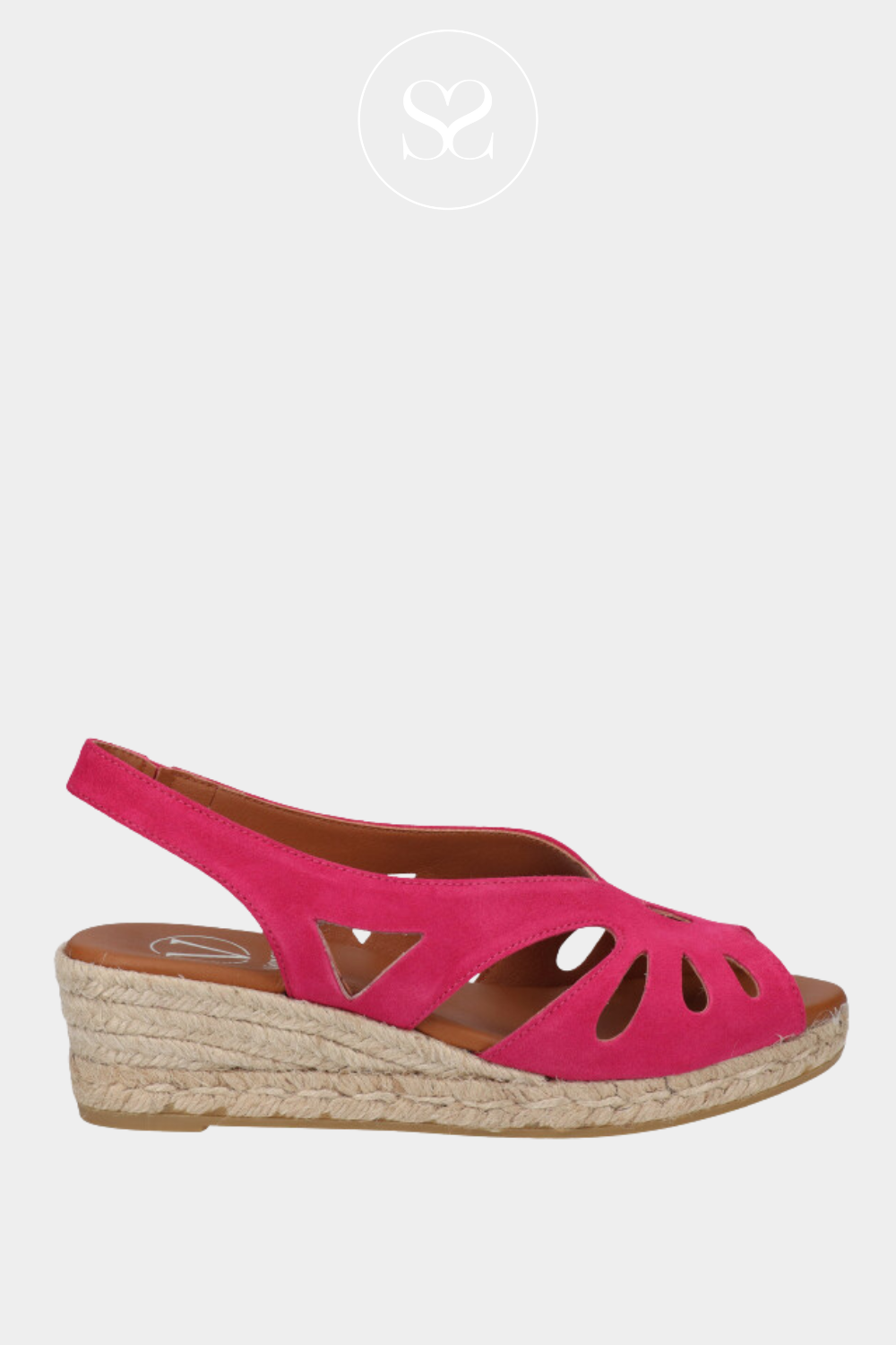 VIGUERA 2123 PINK SUEDE LOW HEEL WEDGE SANDALS WITH ELASTICATED SLINGBACK STRAP AND CUT OUT DETAILING AND  A PEEPTOE