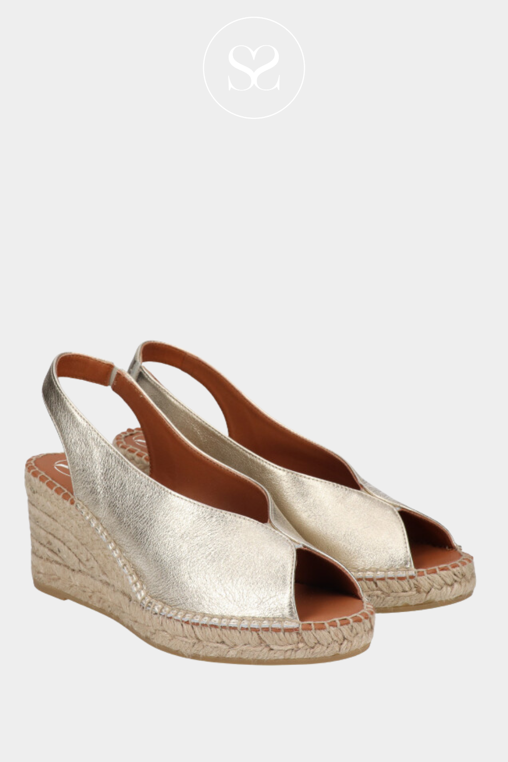 VIGUERA 2127 GOLD WEDGE ESPADRILLE SANDALS WITH ELASTICATED SLINGBACK STRAP AND V-CUT AND A PEEPTOE