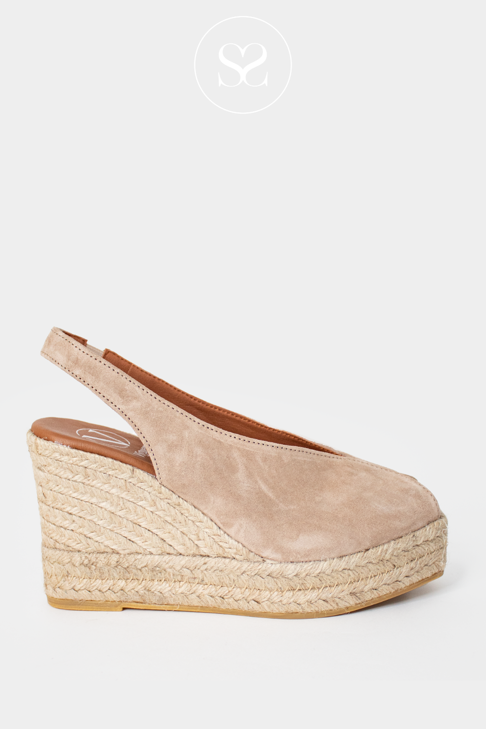 VIGUERA 2128 TAUPE SUEDE ESPADRILLE HIGH WEDGE SANDAL WITH A PEEPTOE AND ELASTICATED SLINGBACK