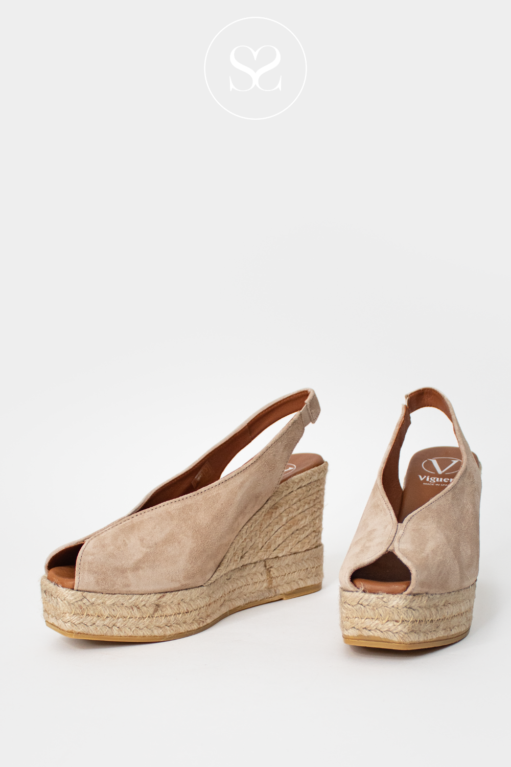VIGUERA 2128 TAUPE SUEDE ESPADRILLE HIGH WEDGE SANDAL WITH A PEEPTOE AND ELASTICATED SLINGBACK