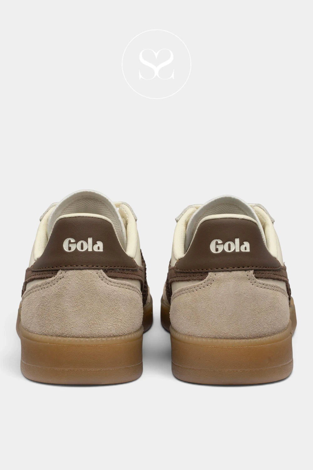 A pair of Gola brand low-top sneakers shown from the back, featuring a beige suede and brown leather upper with cream laces and a gum rubber sole, set against a light gray background.