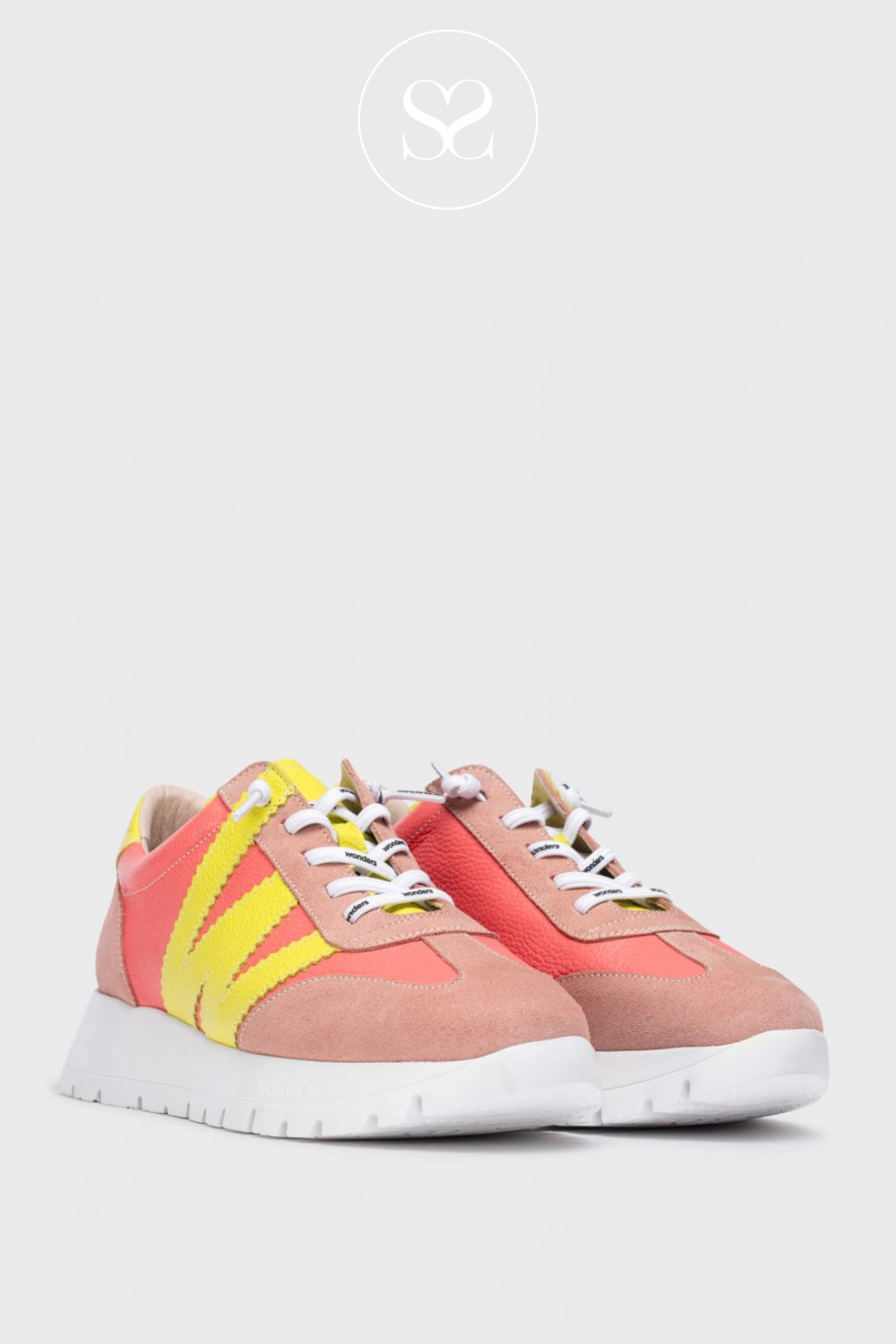 WONDERS A-2476 CORAL PINK/LIME PULL ON WEDGE TRAINERS