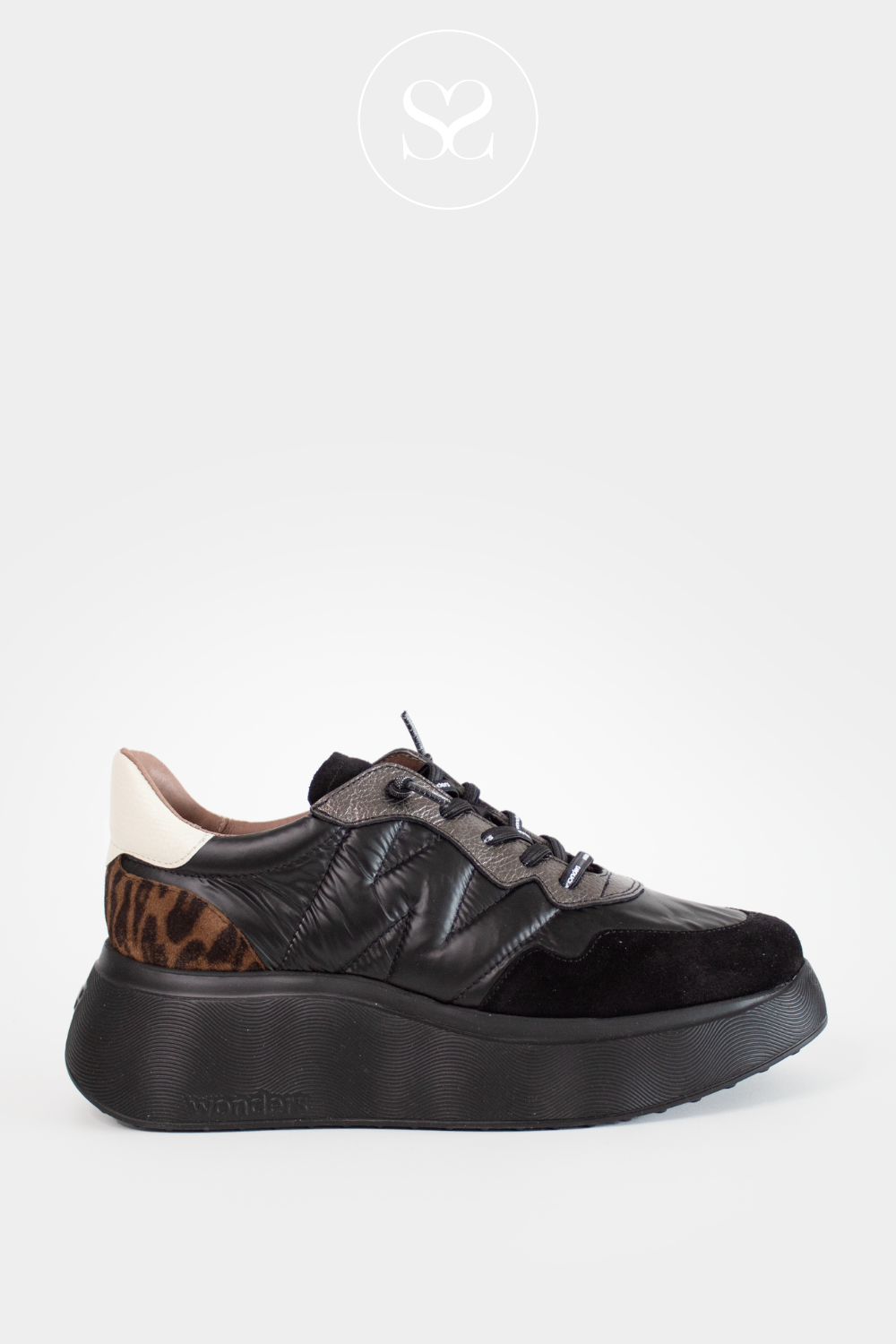 WONDERS A-3610 BLACK & LEOPARD CHUNKY PULL ON TRAINERS