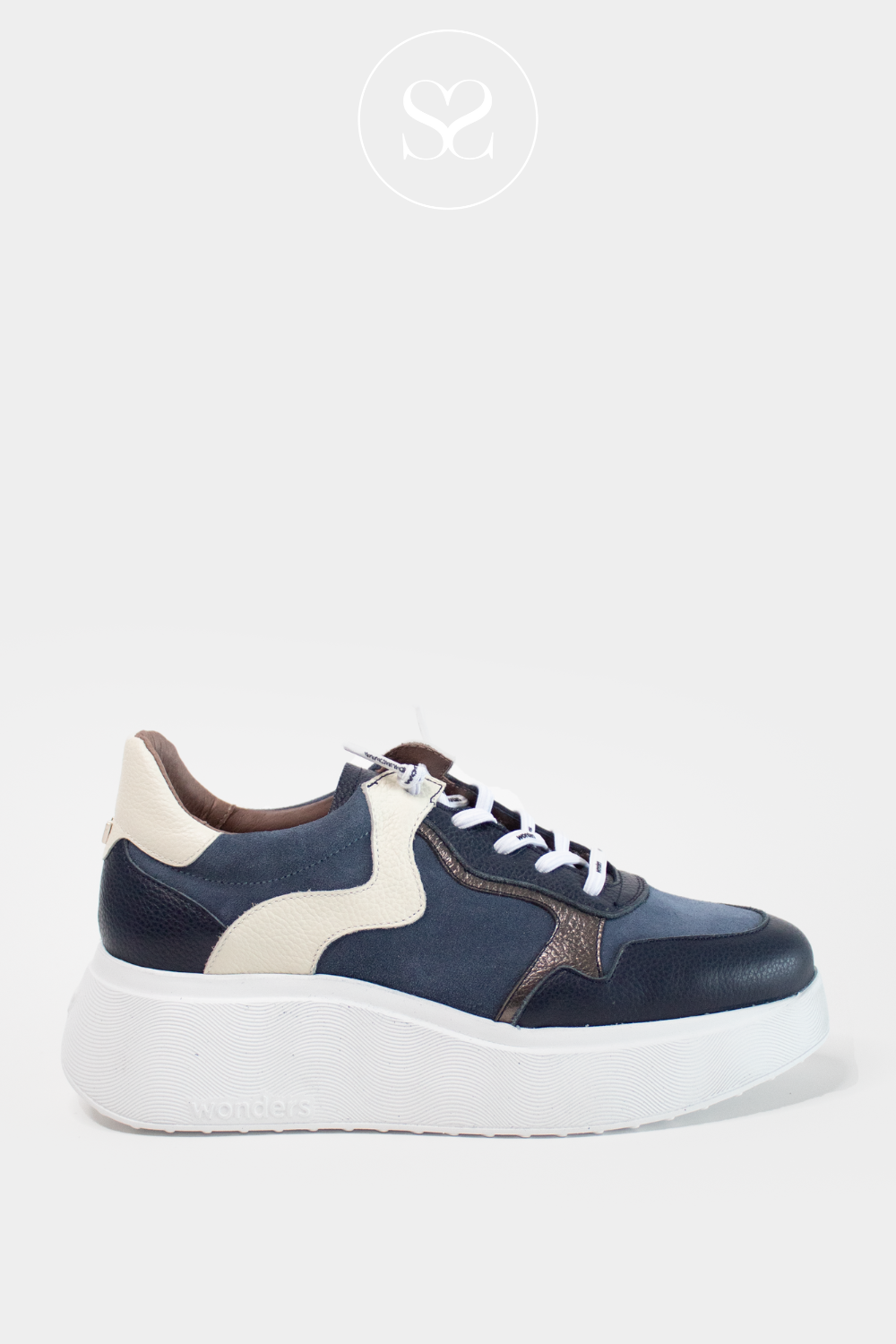WONDERS A-3611 NAVY/CREAM LEATHER WEDGE TRAINERS