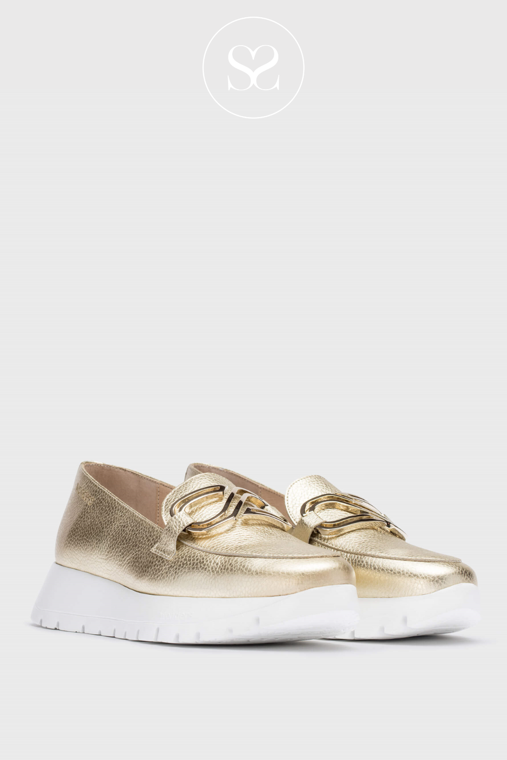 WONDERS A-2462 GOLD WEDGE SLIP ON SHOE WITH WHITE SOLE AND GOLD BUCKLE