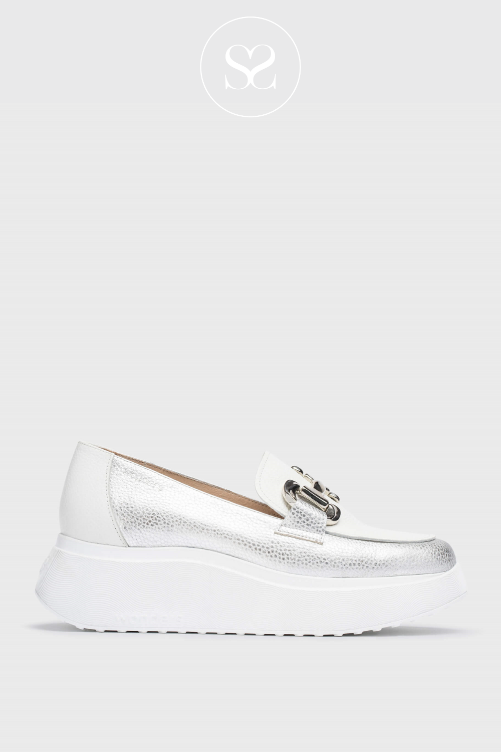 WONDERS A-3604 SILVER WEDGE FLATFORM WHITE SOLE AND SILVER BUCKLE