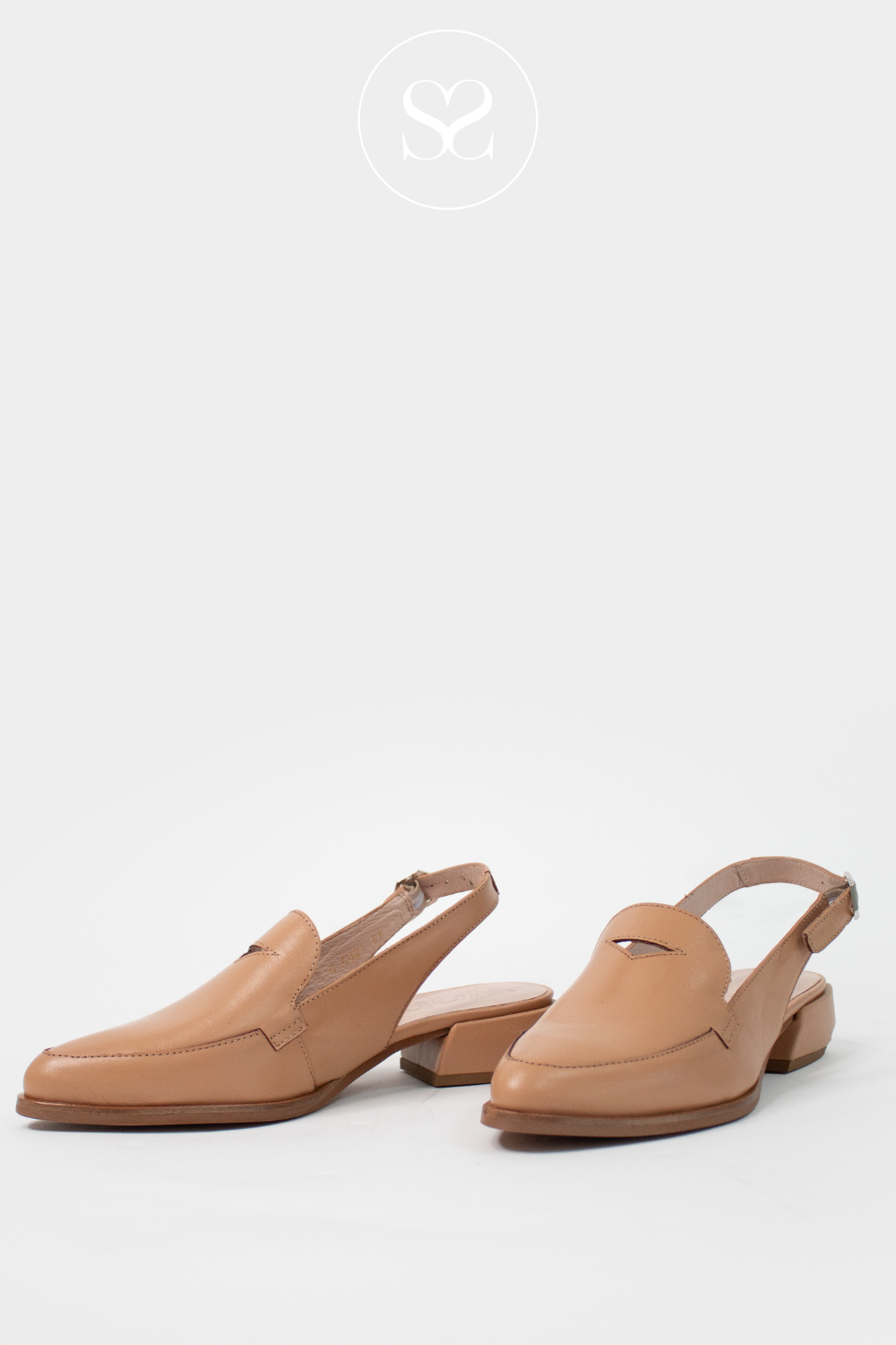 WONDERS C-6021 CAMEL LEATHER BLOCK HEEL SLINGBACK LOAFER WITH POINTED TOE.