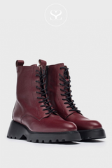 WONDERS C-7205 WINE MILITARY BOOTS WITH CHUNKY SOLE AND LACES AND INSIDE ZIP