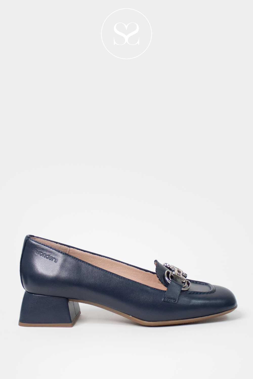 WONDERS D-1221 NAVY LEATHER LOW BLOCK HEEL LOAFERS WITH SILVER BUCKLE
