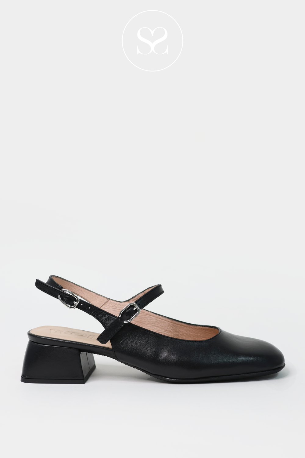 WONDERS D-1222 BLACK LEATHER SQUARE TOE SLINGBACK WITH ADJUSTABLE STRAP HEELED SHOE