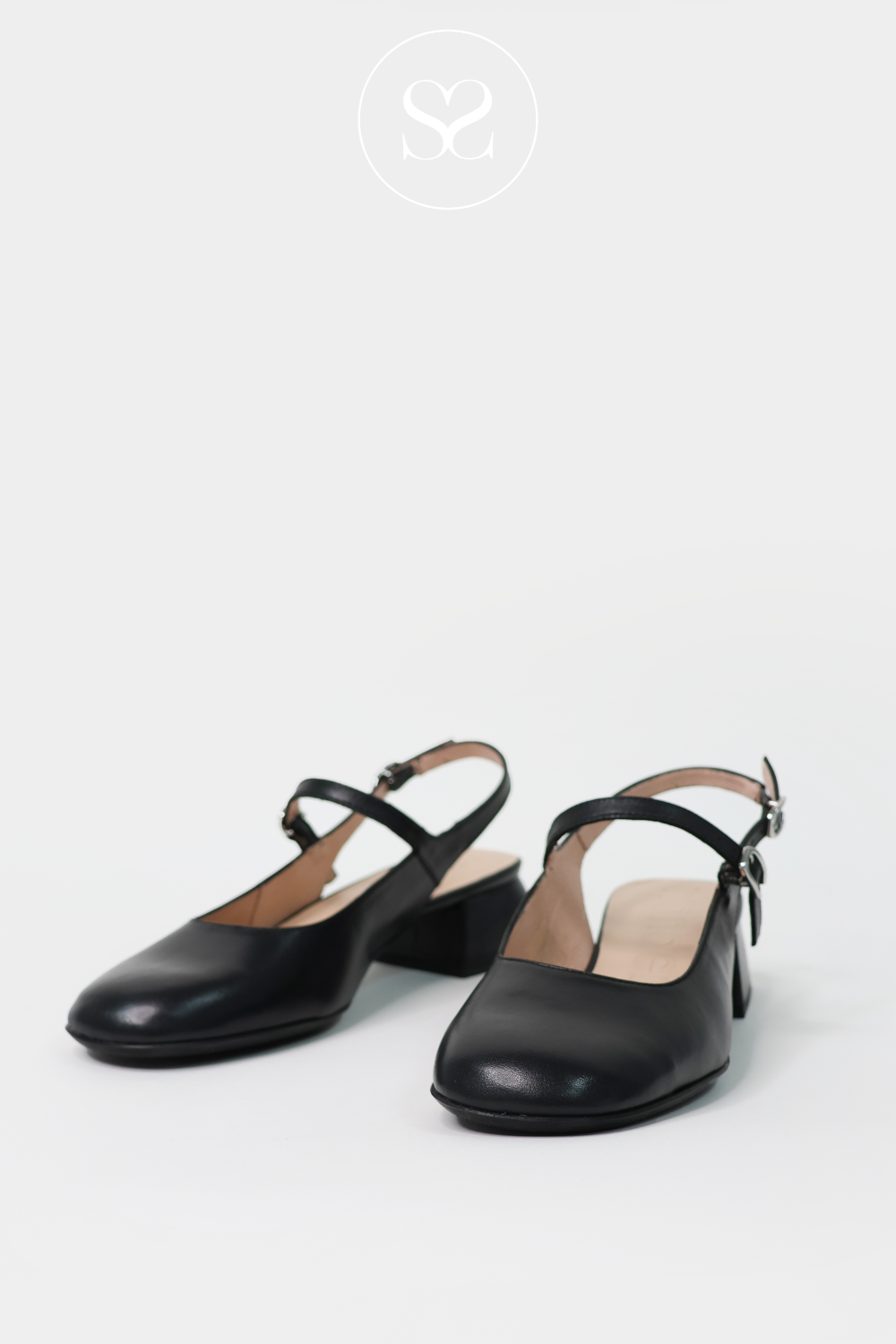 WONDERS D-1222 BLACK LEATHER SQUARE TOE SLINGBACK PUMPS WITH SMALL LOW BLOCK HEEL
