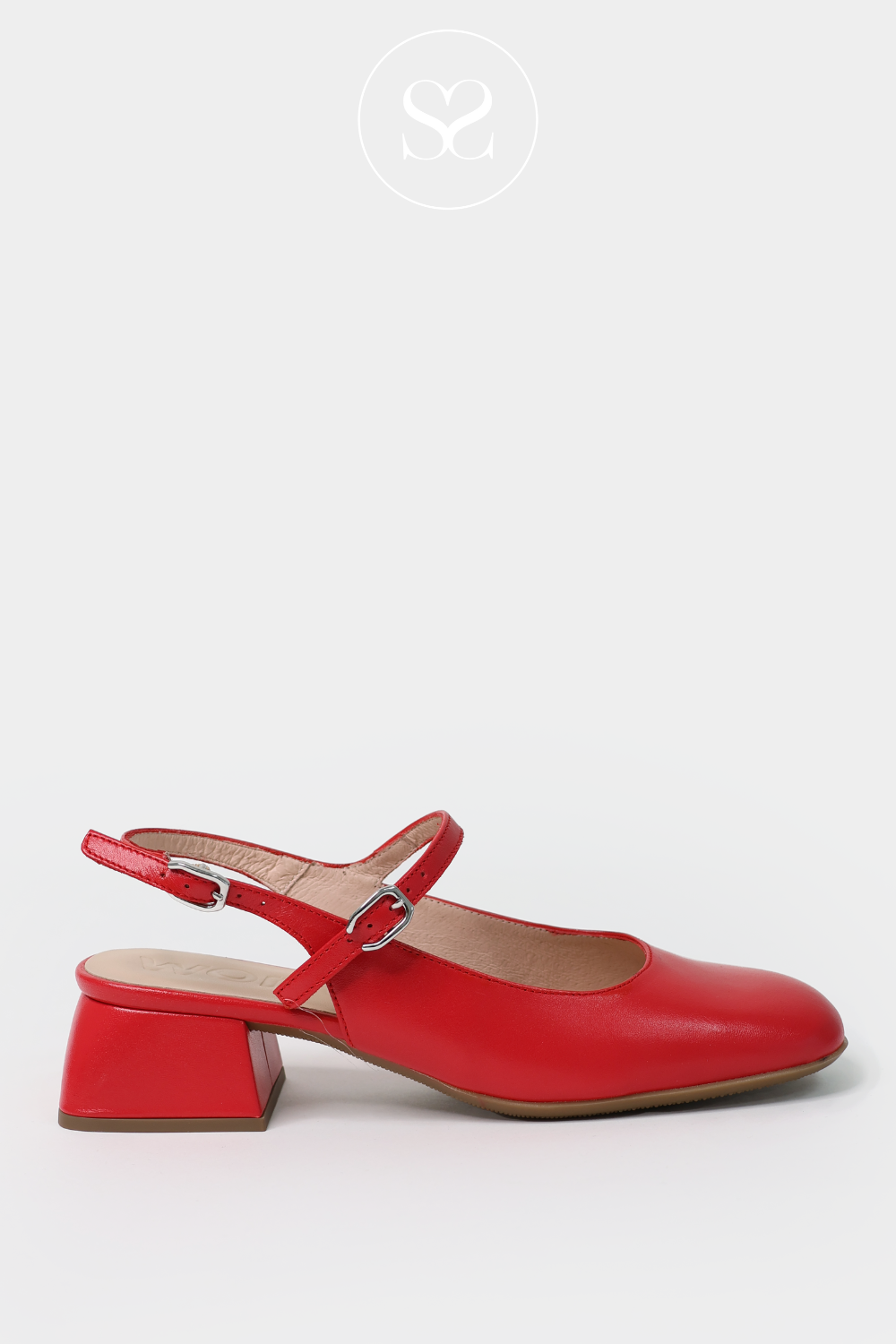 WONDERS D-1222 RED LEATHER MARY JANE STYLE HEELED PUMPS WITH SLINGBACK AND ADJUSTABLE STRAP
