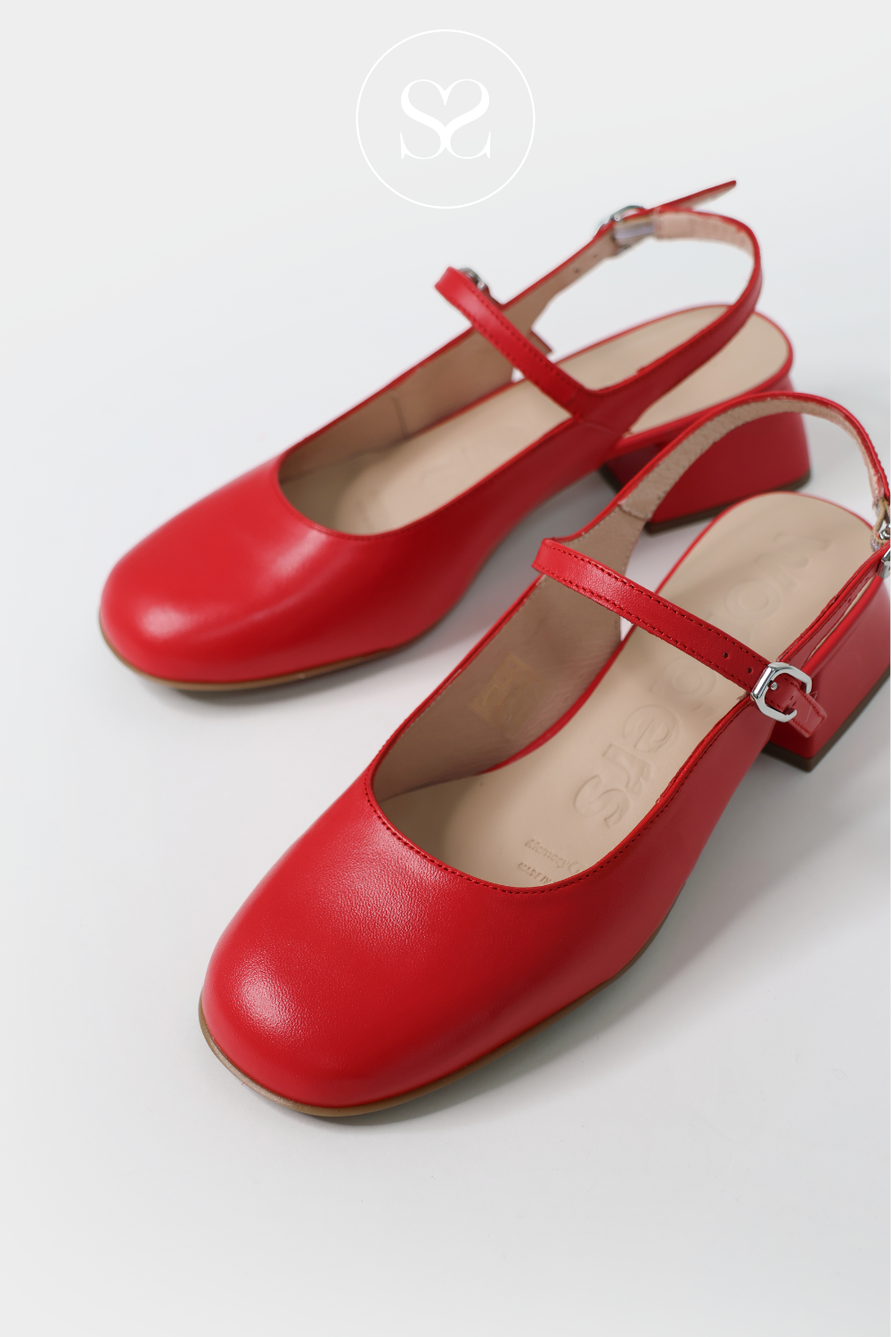 WONDERS D-1222 RED LEATHER MARY JANE STYLE PUMPS WITH ADJUSTABLE STRAP AND ANKLE SLINGBACK STRAP. SLIGHTLY SQUARE TOE
