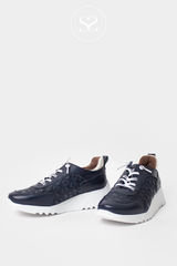 WONDERS E-6731 NAVY LEATHER TRAINER WITH ELASTICATED LACES AND WHITE SOLE