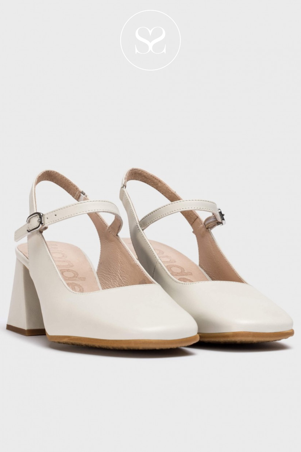 WONDERS H-6307 CREAM LEATHER MARY JANE BLOCK HEELS