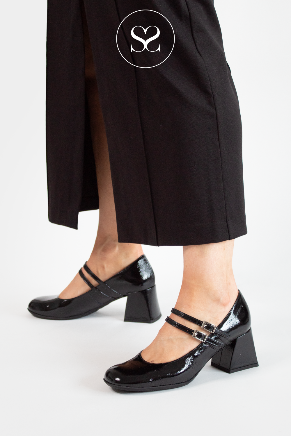WONDERS H 6210 BLACK PATENT LEATHER BLOCK HEEL MARY JANE SHOES