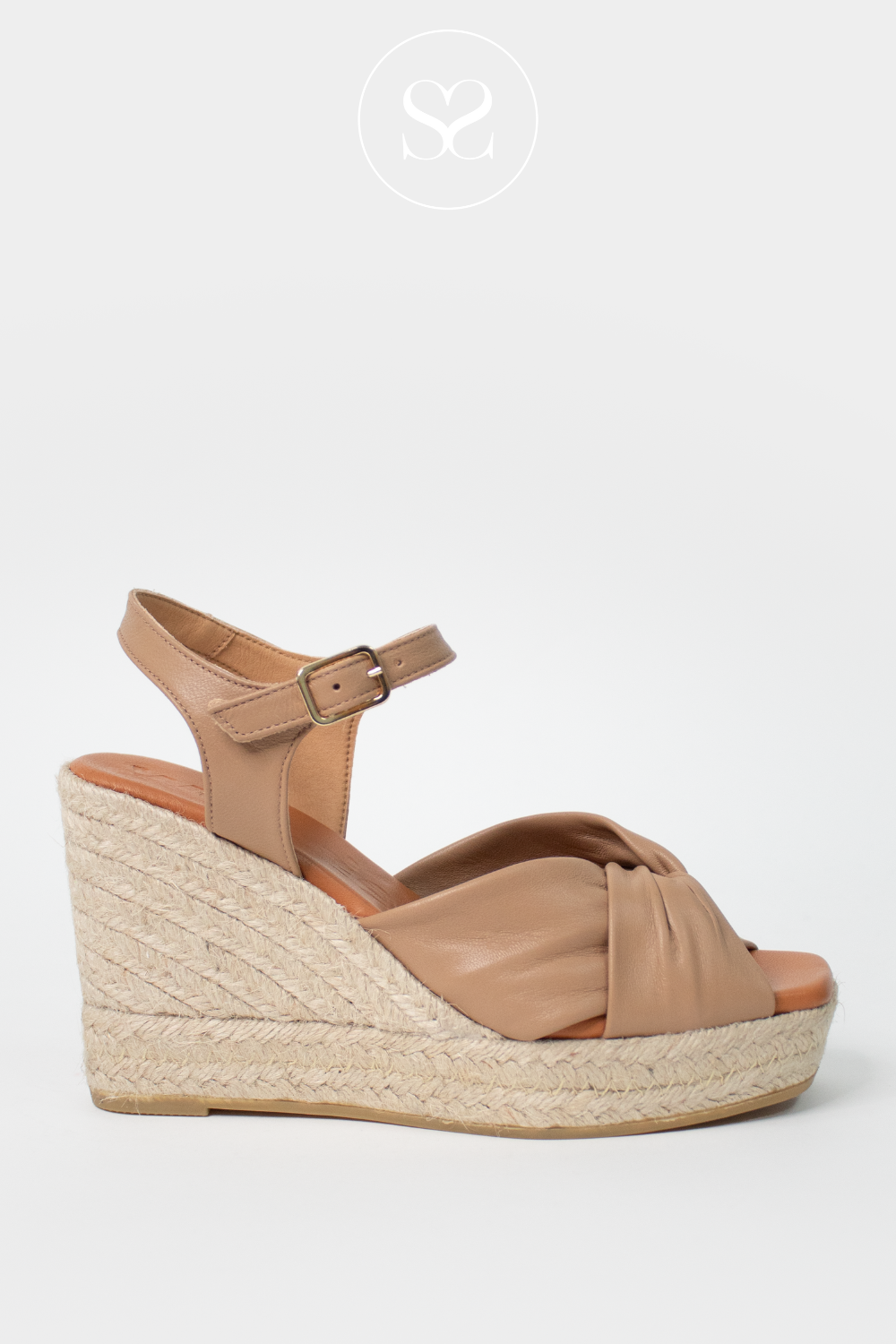 WONDERS YH-SO522 CAMEL LEATHER HIGH WEDGE ESPADRILLE SANDALSWITH PLATFORM SOLE AND ANKLE STRAP
