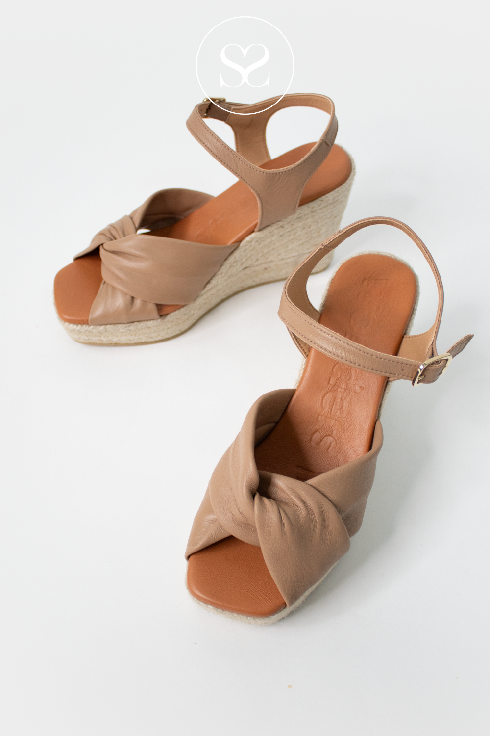 WONDERS YH-SO522 CAMEL LEATHER HIGH WEDGE ESPADRILE SUMMER SANDALS WITH ADJUSTABLE ANKLE STRAP AND KNOTTED FRONT STRAP