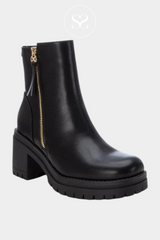 Black ankle boots with heel and gold zip detail
