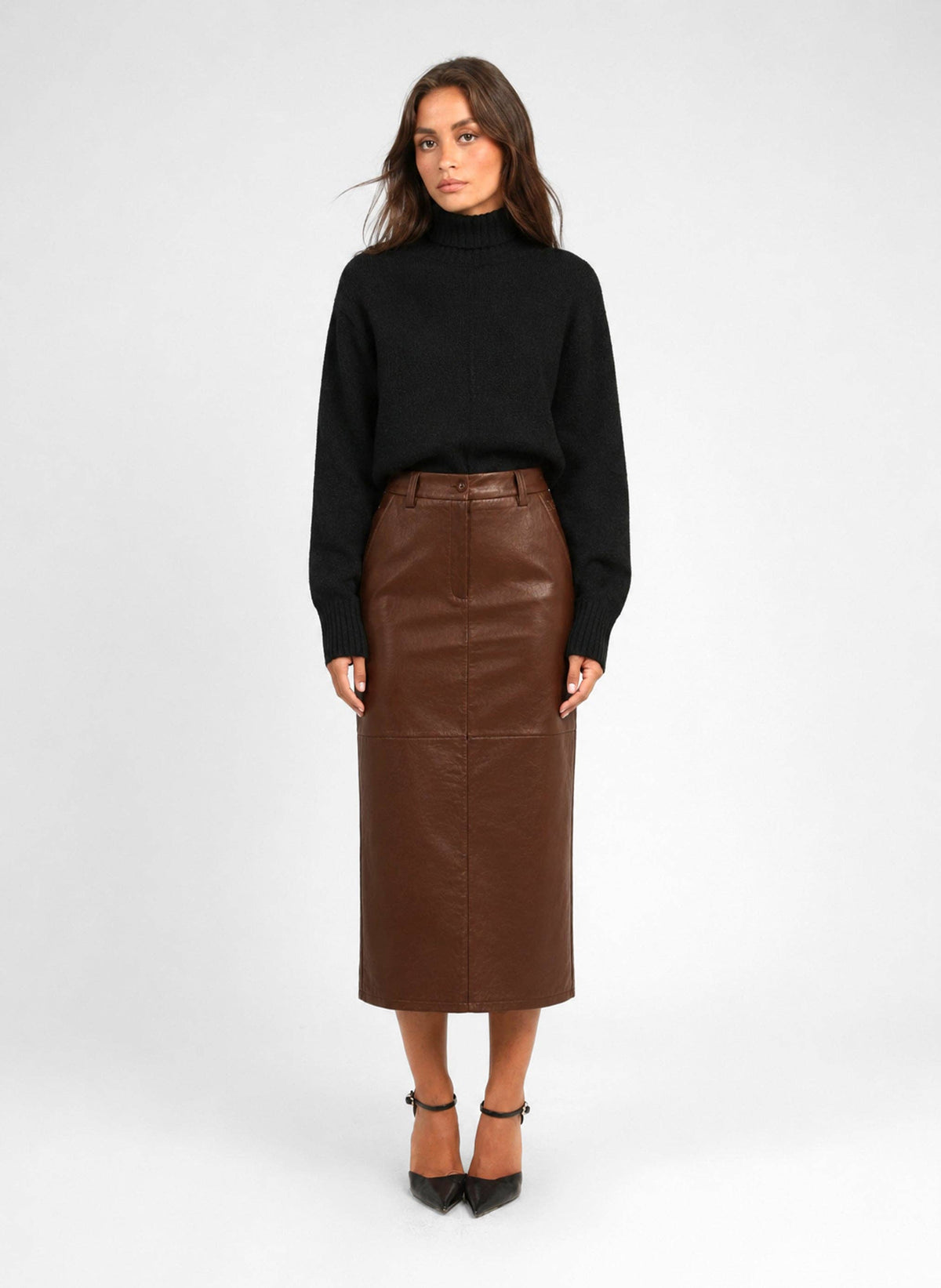 Brown Faux Leather Midi Skirt — Jouma