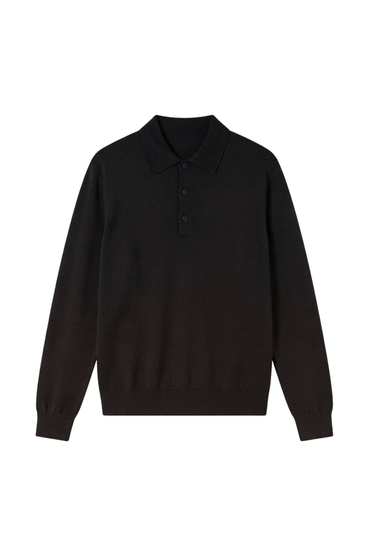 Black Merino Wool Long Sleeve Polo — ME202616L
