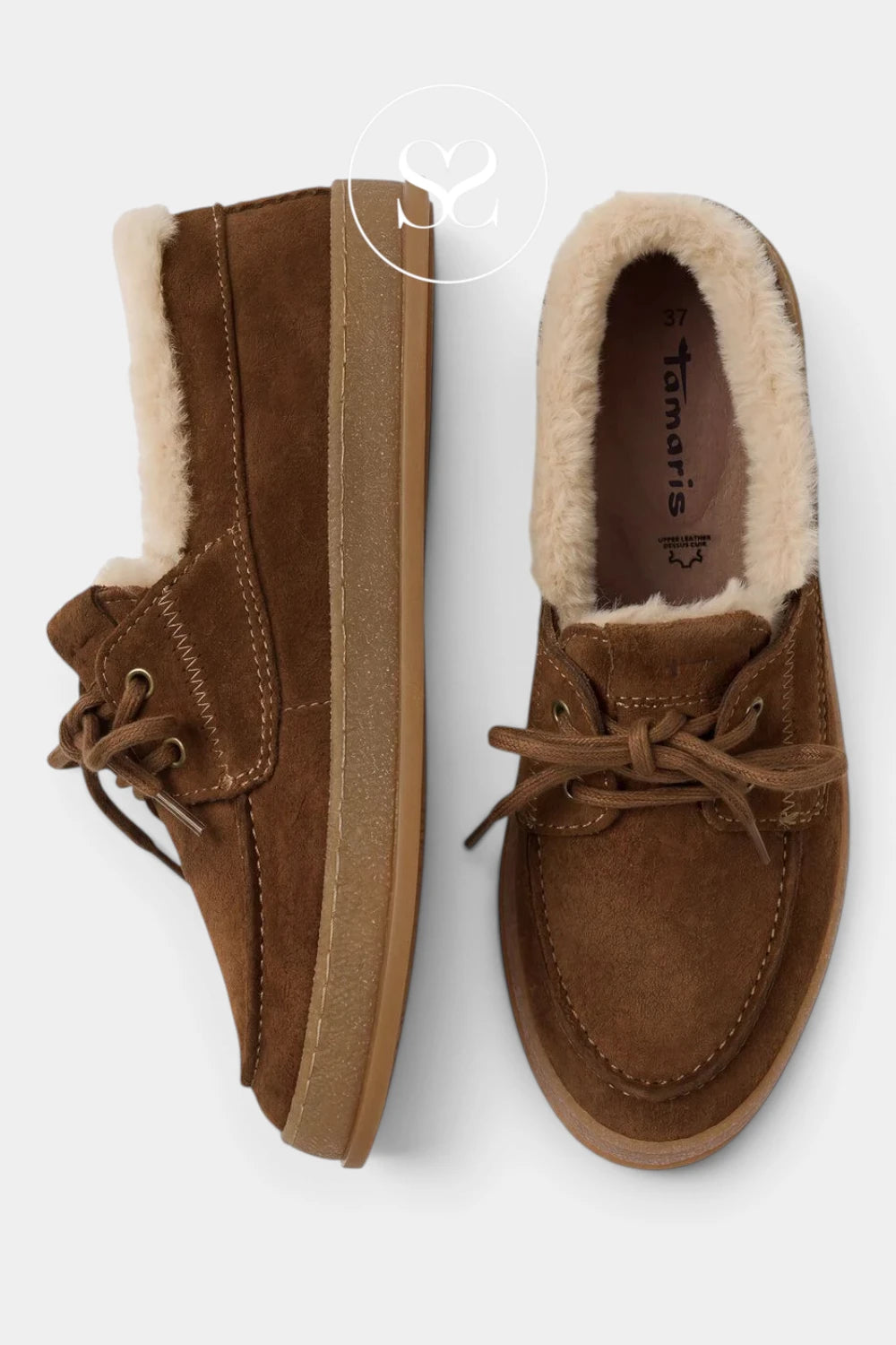 A pair of brown suede slip-on shoes with cream shearling lining, shown from both side and top-down views on a light gray background.