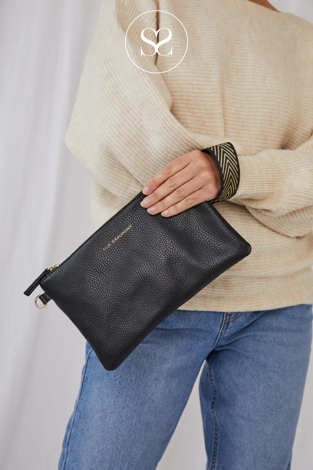 Elie beaumont black leather clutch bag / pouch bag