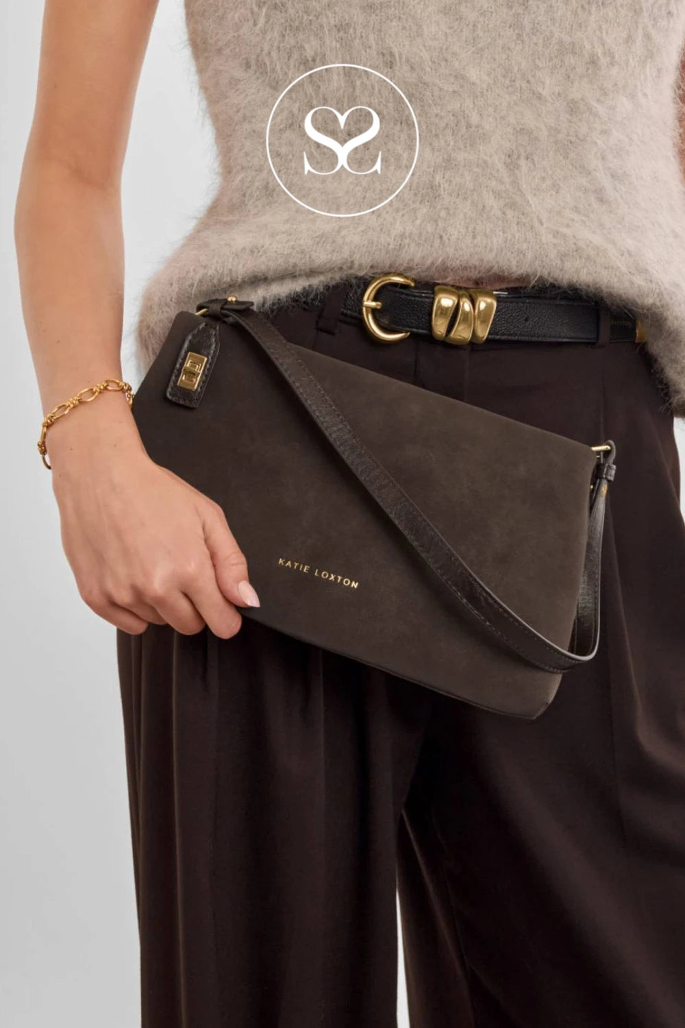 Katie Loxton Chocolate Suedette Twist Lock Shoulderbag - Orin