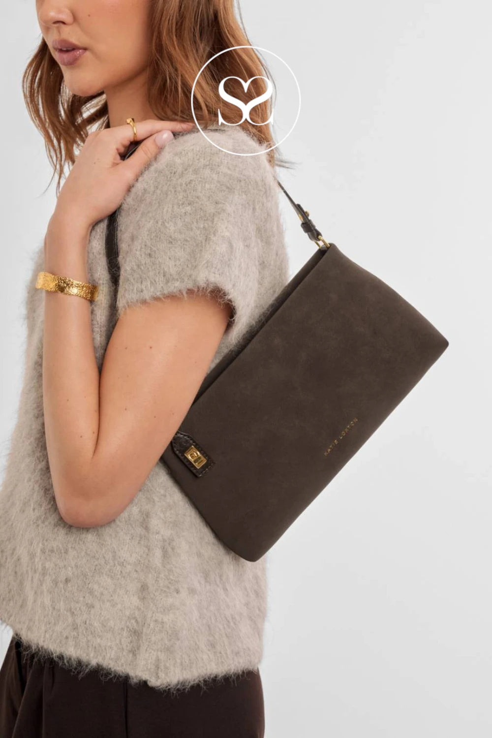 Katie Loxton Chocolate Suedette Twist Lock Shoulderbag - Orin for Wome - Ireland