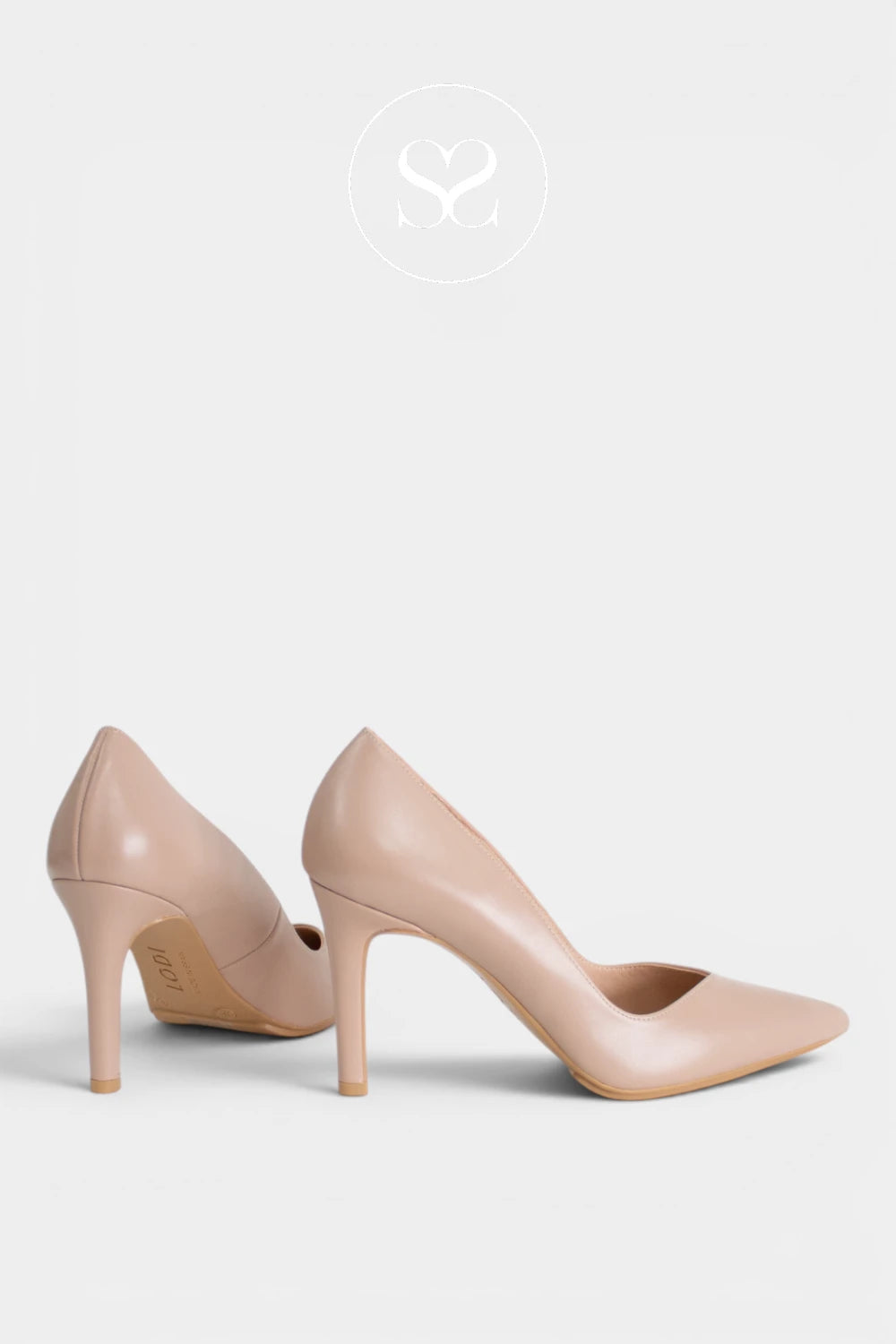 A pair of pointed-toe high heels in a light nude beige color, shown from a side angle against a light gray background.