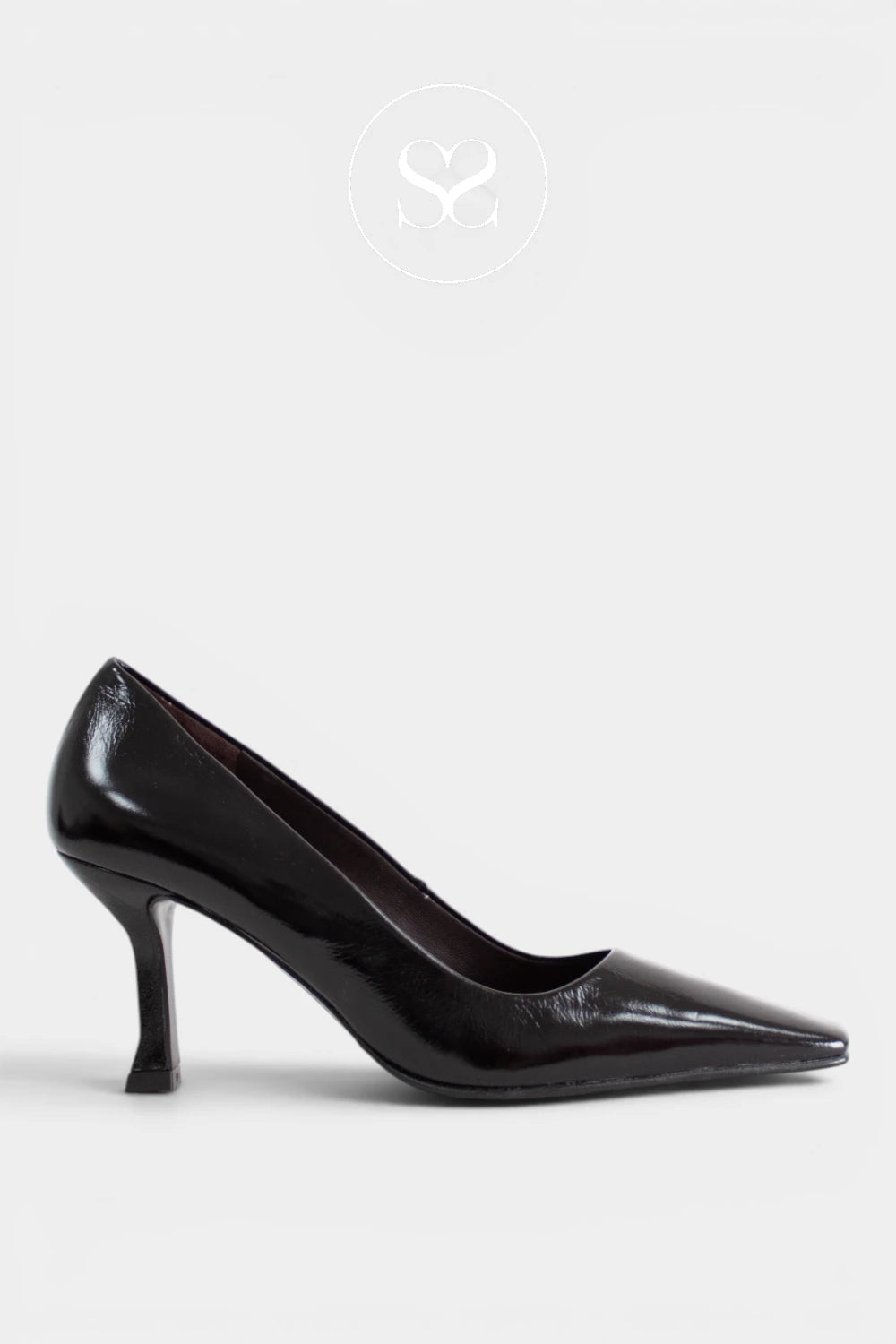 Pauline is a black leather court shoe from Lodi, finished with a high-shine leather upper and a flared 7cm block heel.