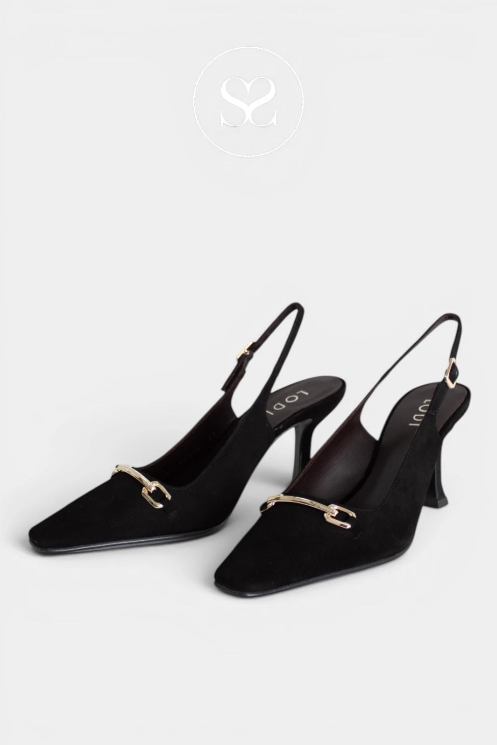 Lodi Pascal sling-back is a black suede heel with a square toe and a flared 7cm block heel, designed for occasion wear, evening events and smart workwear.