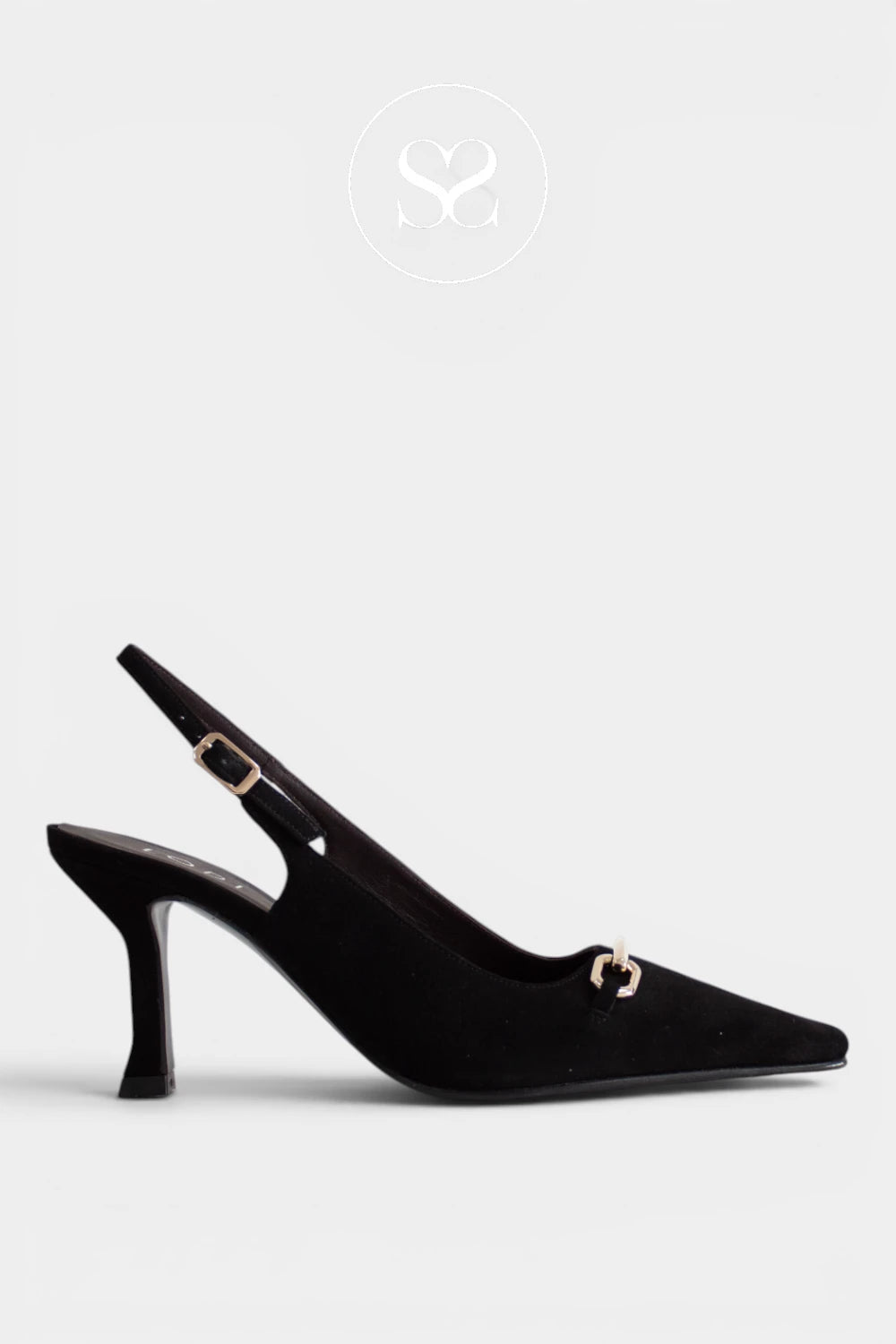 Lodi Pascal sling-back is a black suede heel with a square toe and a flared 7cm block heel, designed for occasion wear, evening events and smart workwear.