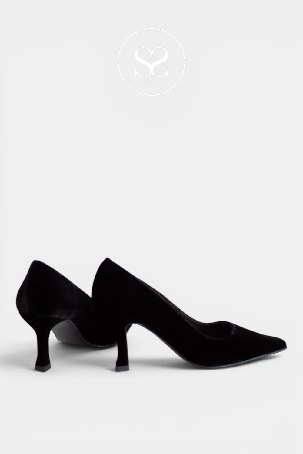 A pair of black pointed-toe kitten heel pumps with a velvet-like texture, shown from a side profile on a light gray background.